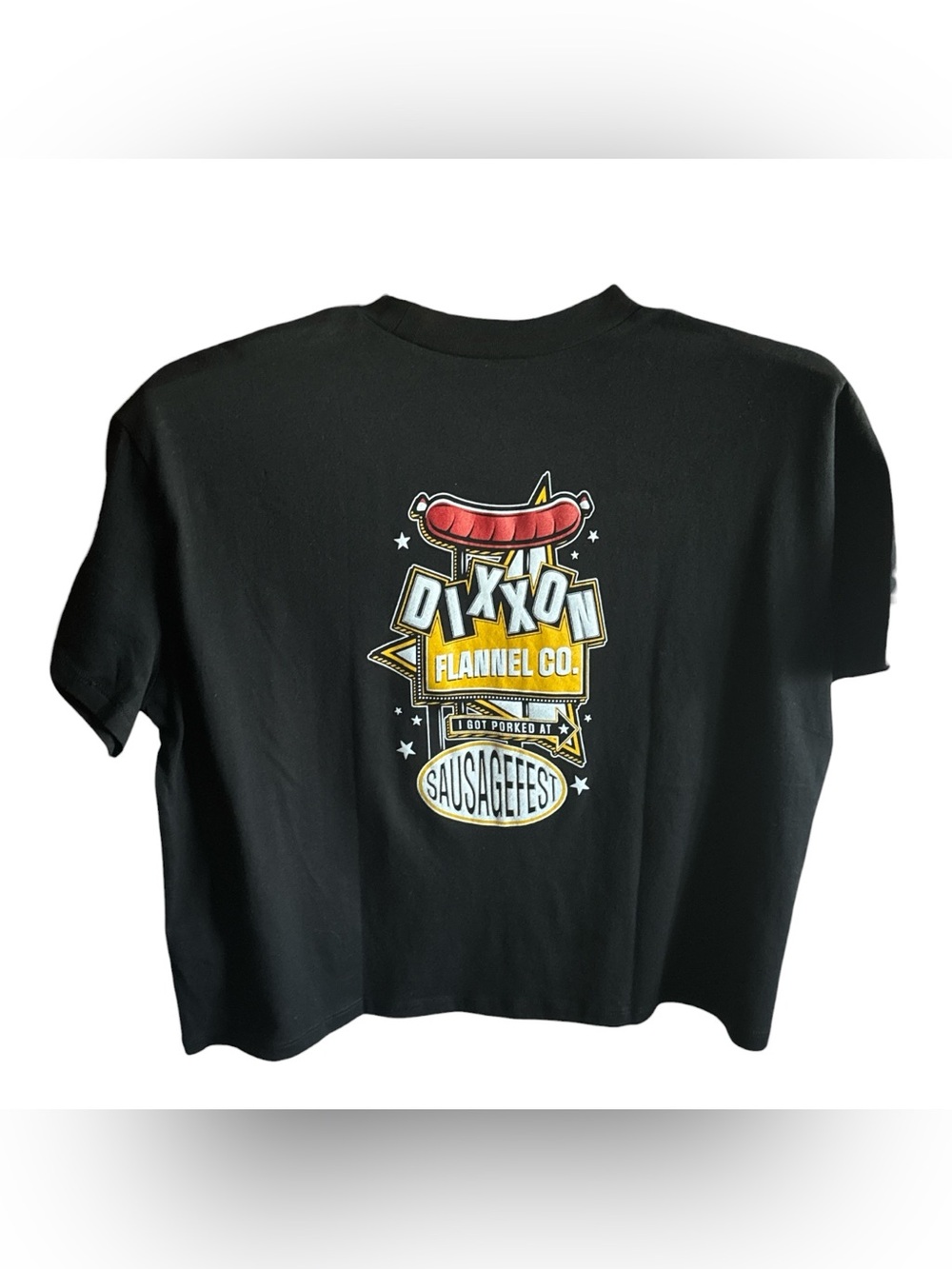 DIXXON Black Women’s Tee with Yellow & Red Sausage Graphic Hotdog Shirt Large